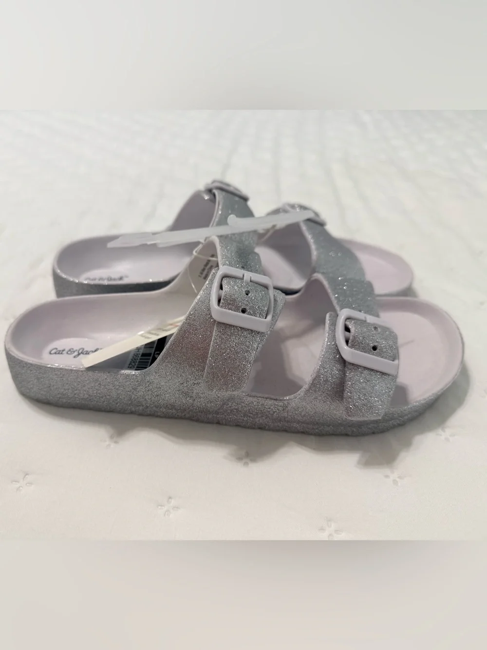NWT- Girls Double-Buckle Sandals - Silver Glitter and Tan (2 pair)